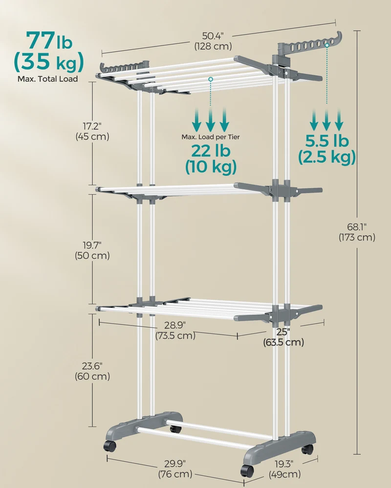4-Tier Clothes Drying Rack, Steel Rolling Laundry Dryer Stand White