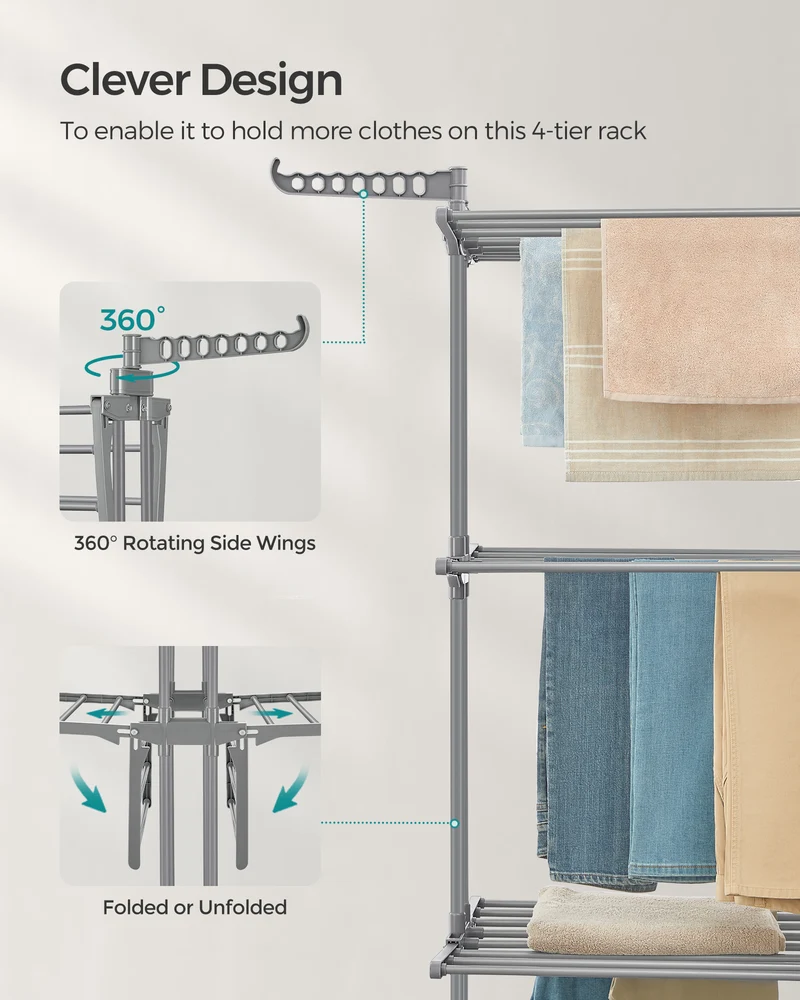 SONGMICS 4-Tier Clothes Drying Rack, Steel Rolling Laundry Dryer Stand Gray