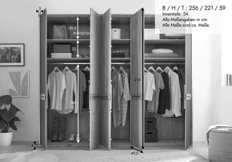 Kleiderschrank Schrank Schlafzimmer +Maße: 256x221x59cm +Massivholz +Eiche +vers. Farben +als Set erhältlich