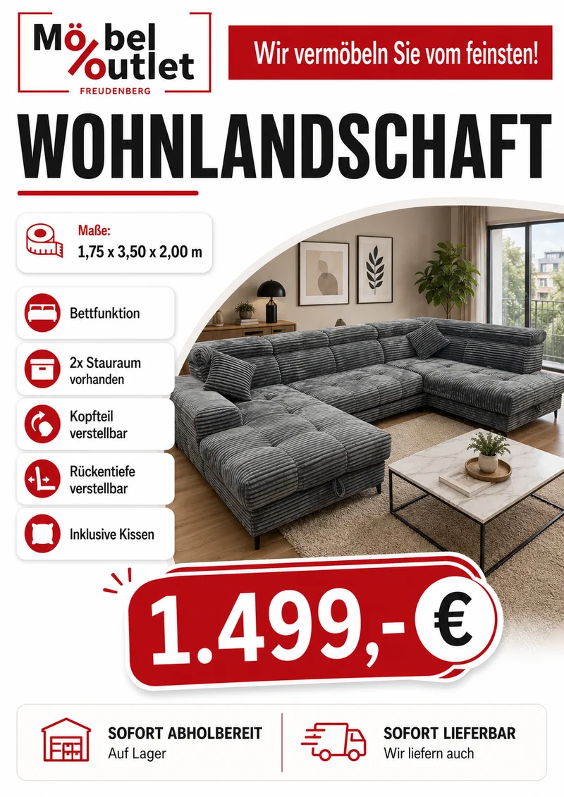 Wohnlandschaft Couch Sofa +Teddy Cord +Bettfunktion +Stauraum