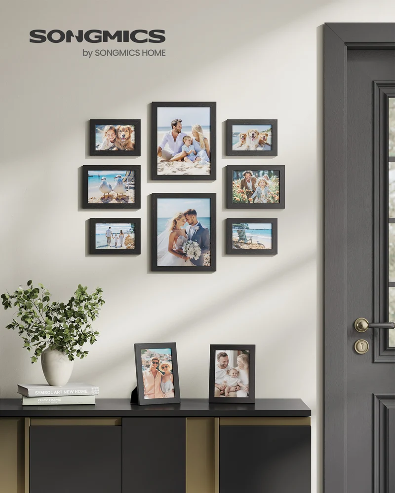 SONGMICS Picture Frames 10 Pack Collage Picture Frames with Two 8x10, Four 5x7, Four 4x6 Hanging or Tabletop Display Photo Frame Set Black