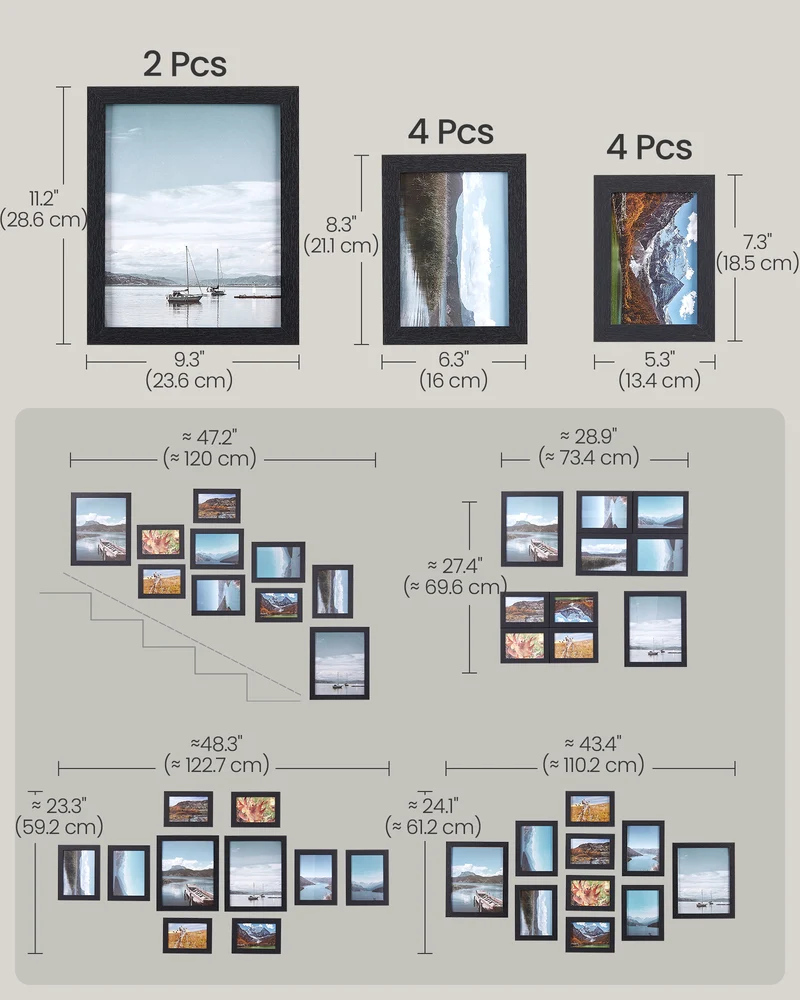 SONGMICS Picture Frames 10 Pack Collage Picture Frames with Two 8x10, Four 5x7, Four 4x6 Hanging or Tabletop Display Photo Frame Set Black