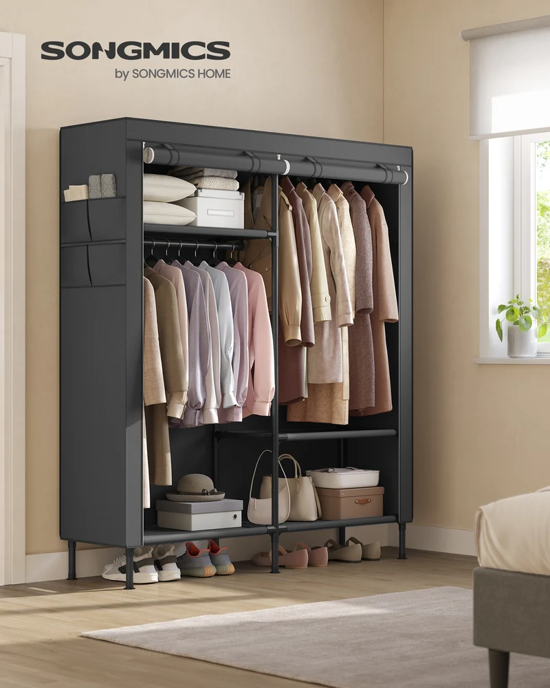 SONGMICS Wardrobe Closet, 65 Inch Heavy Duty Portable Closet, Freestanding Closet Organizer, Clothes Rack with Cover, 2 Hanging Rails, Black