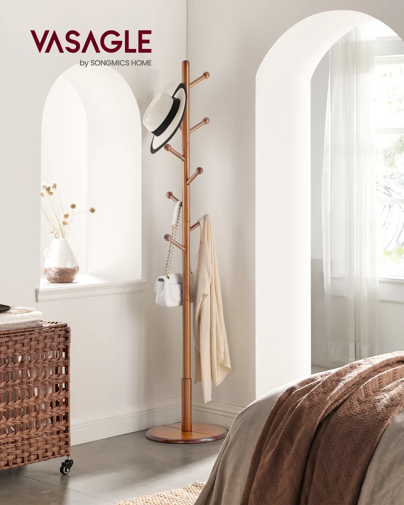 VASAGLE Solid Wood Coat Rack, Wood Hall Tree with 7 Rounded Hooks Dark Walnut