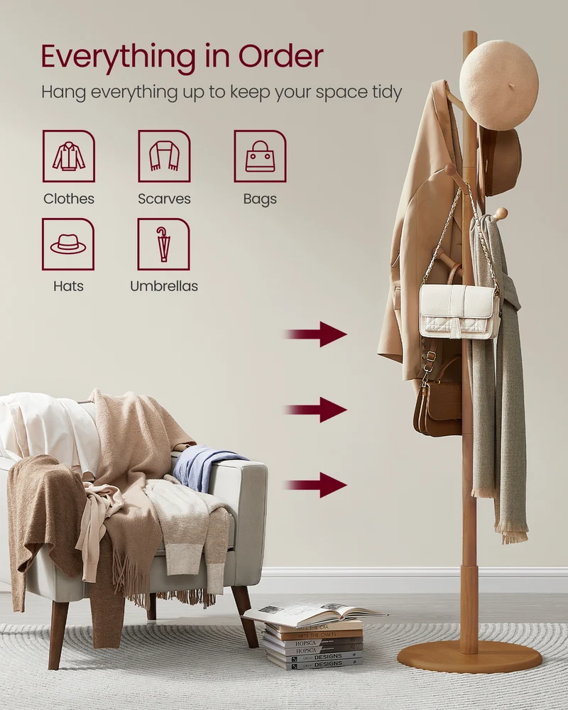 VASAGLE Solid Wood Coat Rack, Wood Hall Tree with 7 Rounded Hooks Dark Walnut