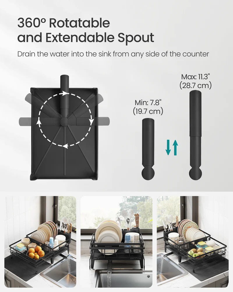 SONGMICS Dish Drying Rack with Drainboard, 360° Rotatable and Extendable Spout, with Cutlery Holder, 12.2-22 x 16.5 x 7.9 Inches, Ink Black
