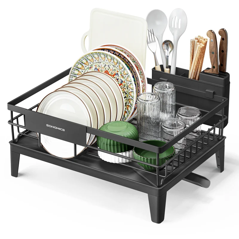 SONGMICS Dish Drying Rack with Drainboard, 360°Rotatable and Extendable Spout, with Cutlery Holder, 12.2 x 16.5 x 7.3 Inches, Ink Black