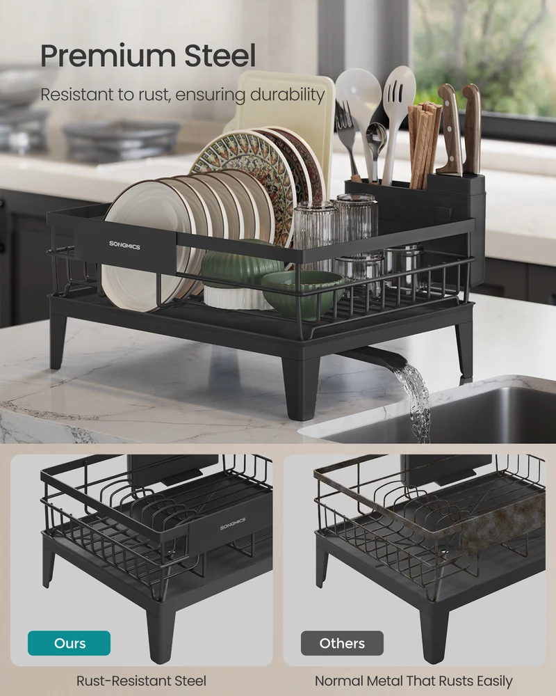 SONGMICS Dish Drying Rack with Drainboard, 360°Rotatable and Extendable Spout, with Cutlery Holder, 12.2 x 16.5 x 7.3 Inches, Ink Black