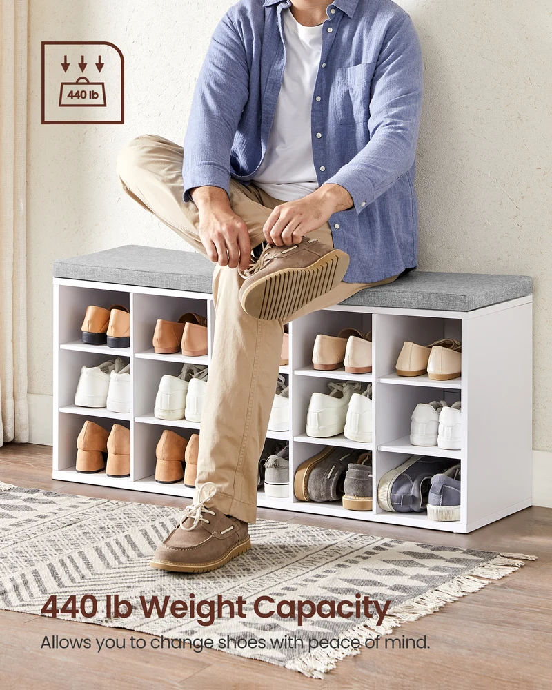 Shoe Rack Bench with Cushion 15 Compartments Storage Bench Shoe Bench for Entryway, 11.8 x 41.3 x 18.9 Inches