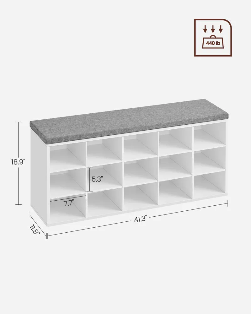 Shoe Rack Bench with Cushion 15 Compartments Storage Bench Shoe Bench for Entryway, 11.8 x 41.3 x 18.9 Inches
