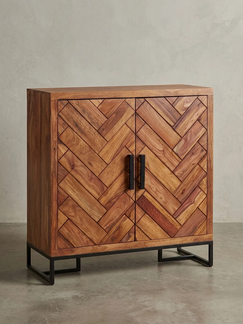 Schuhschrank – Massivholz, 100x105x40 cm, Fischgrätmuster, große Ablage