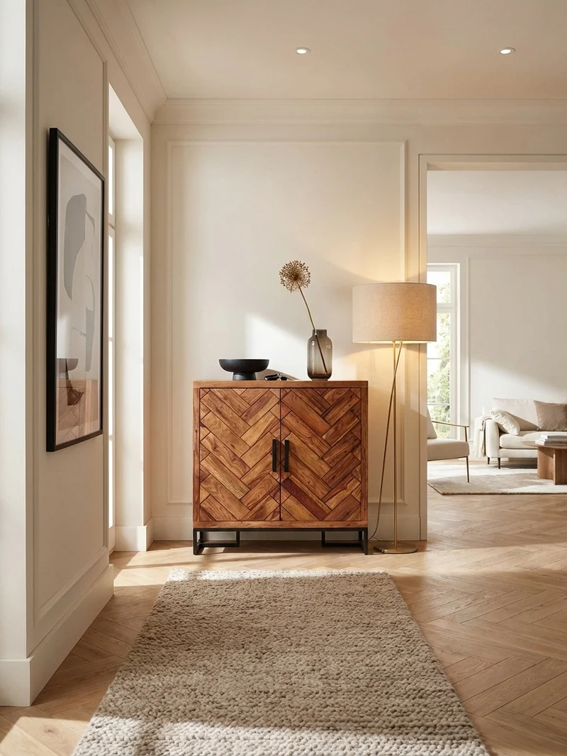 Schuhschrank – Massivholz, 100x105x40 cm, Fischgrätmuster, große Ablage