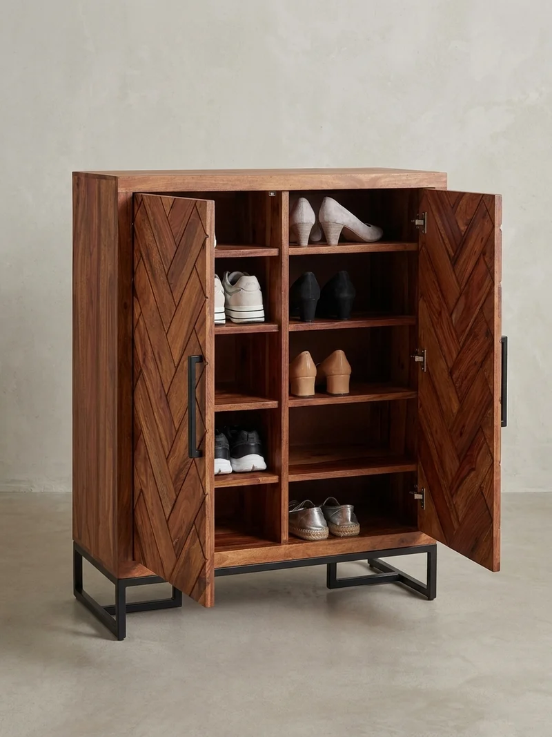 Schuhschrank – Massivholz, 100x105x40 cm, Fischgrätmuster, große Ablage