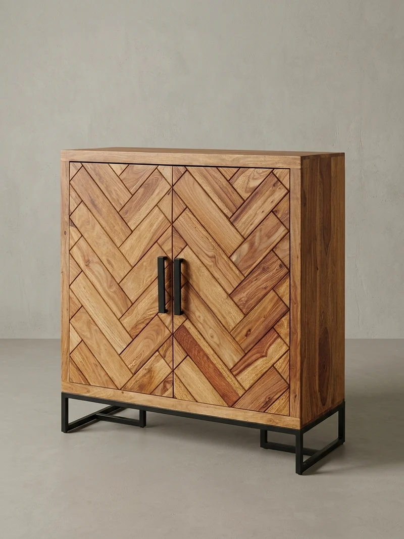 Schuhschrank – Massivholz, 100x105x40 cm, Fischgrätmuster, große Ablage
