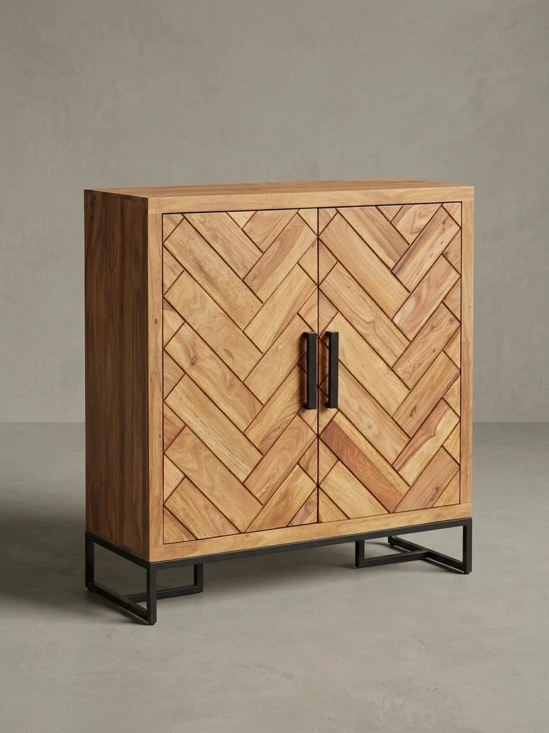 Schuhschrank – Massivholz, 100x105x40 cm, Fischgrätmuster, große Ablage