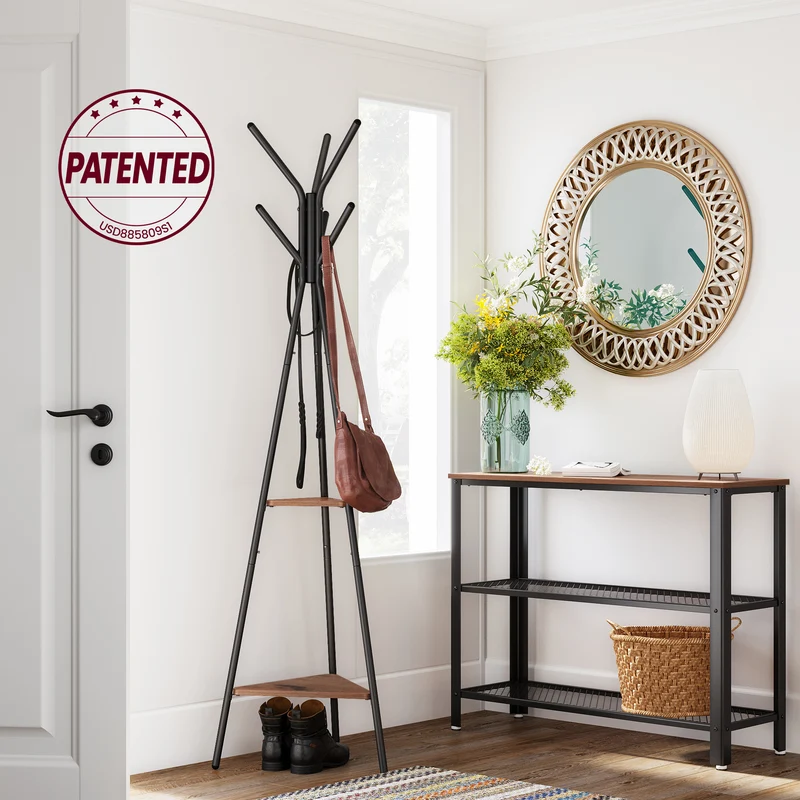 VASAGLE Coat Rack Freestanding Stand Hall Tree with 2 Shelves Brown and Black