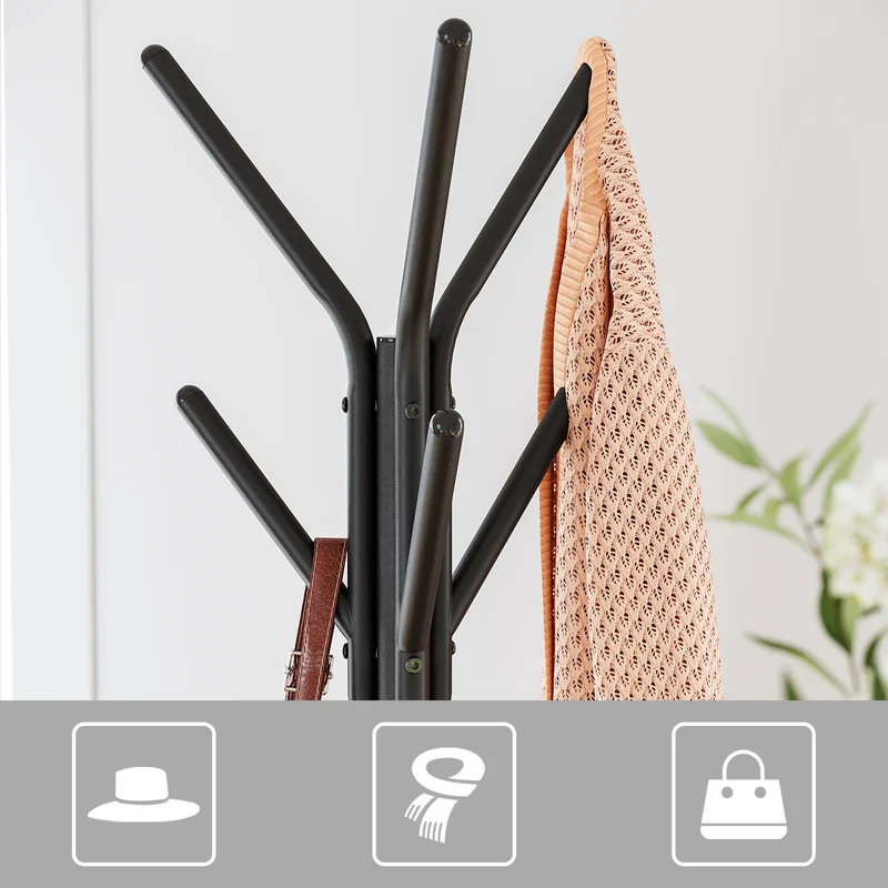VASAGLE Coat Rack Freestanding Stand Hall Tree with 2 Shelves Brown and Black