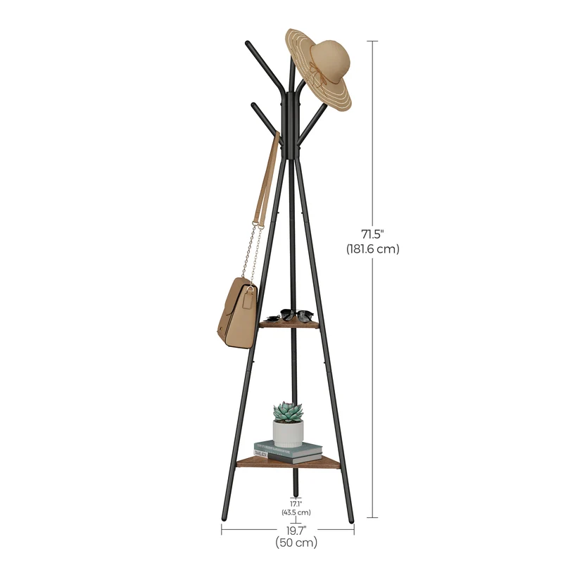 VASAGLE Coat Rack Freestanding Stand Hall Tree with 2 Shelves Brown and Black