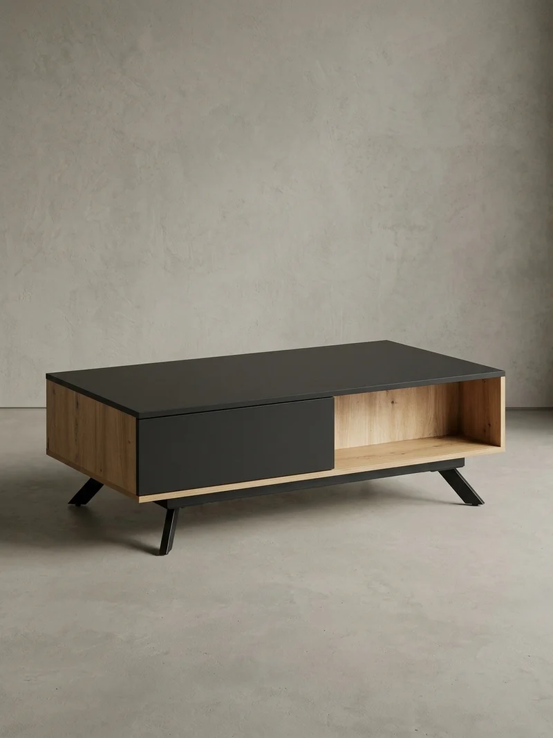Couchtisch Eiche-Dekor Schwarz mit Stauraum, Wasserabweisend, 110x60x38 cm
