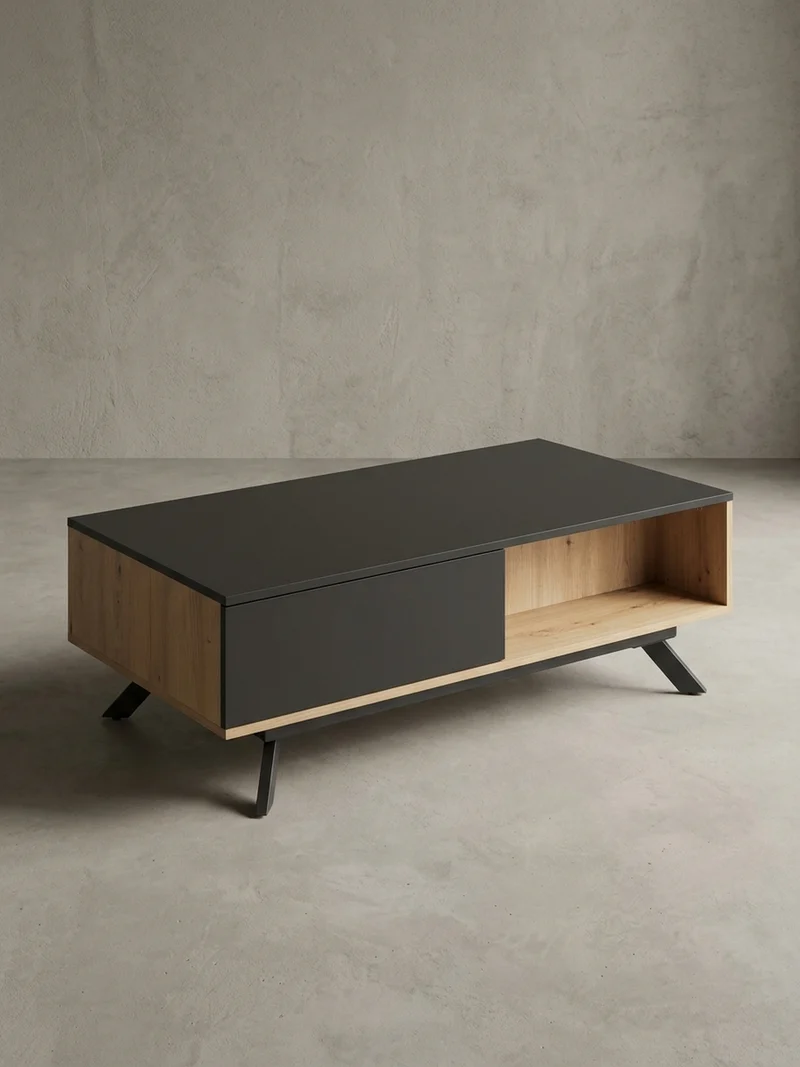 Couchtisch Eiche-Dekor Schwarz mit Stauraum, Wasserabweisend, 110x60x38 cm