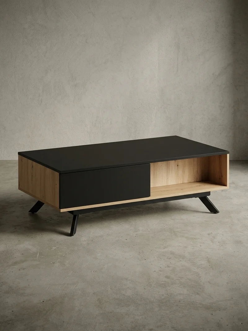 Couchtisch Eiche-Dekor Schwarz mit Stauraum, Wasserabweisend, 110x60x38 cm