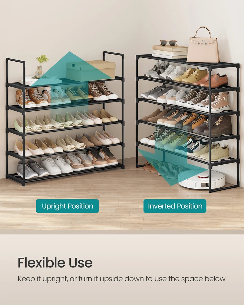 5-Tier Stackable Shoe Rack, 36.2 Inch Metal Shoe Organizer with 22 lb per Tier Capacity, Upright & Reversible for Entryway, Black