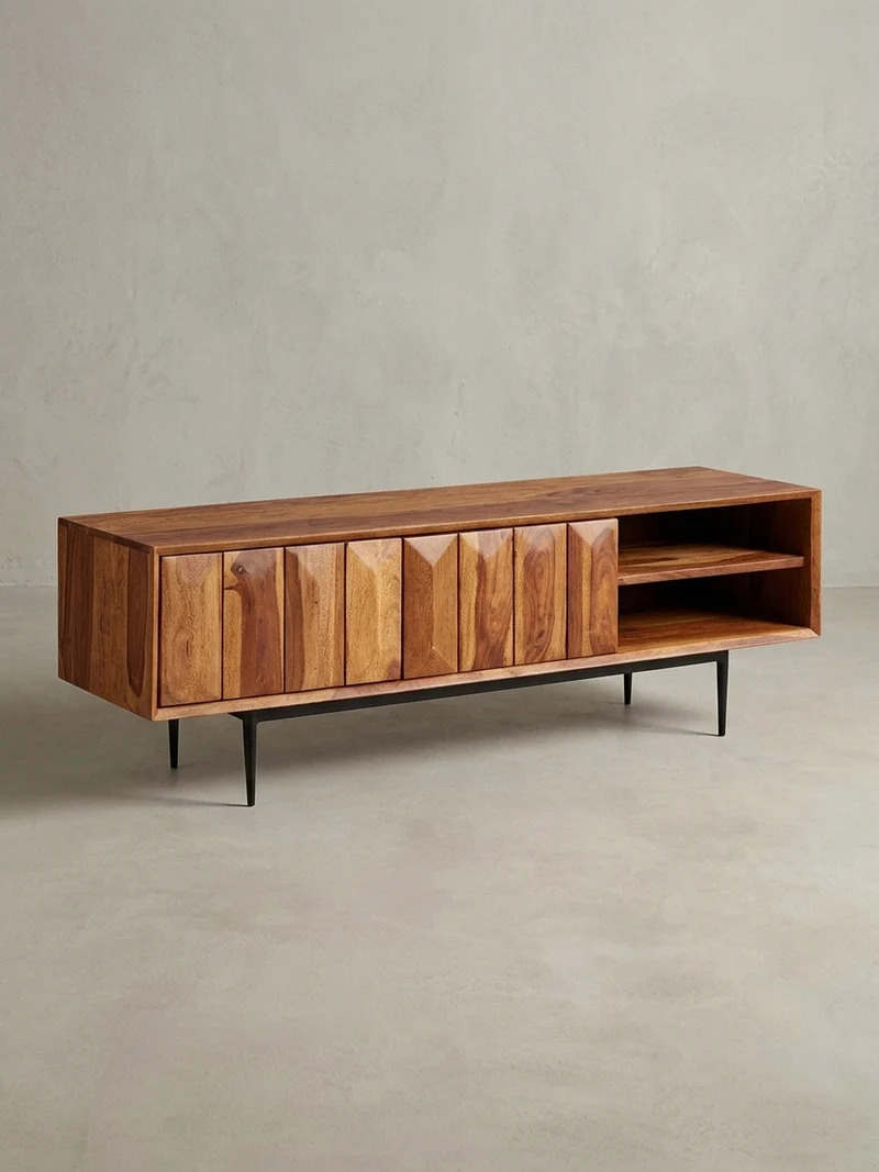 Lowboard Massivholz Modern Stil für 55-Zoll Fernseher Push-to-Open mit Edelstahlbeinen