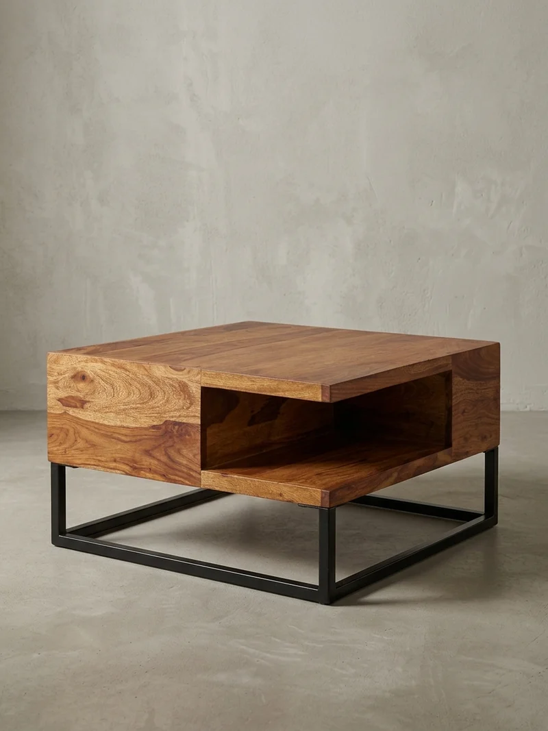 Couchtisch in Sheeshamholz mit Staufach, 60x60x34,5 cm, Industrial-Design