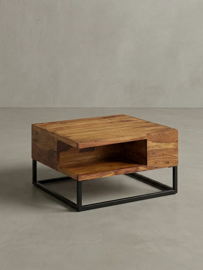 Couchtisch in Sheeshamholz mit Staufach, 60x60x34,5 cm, Industrial-Design