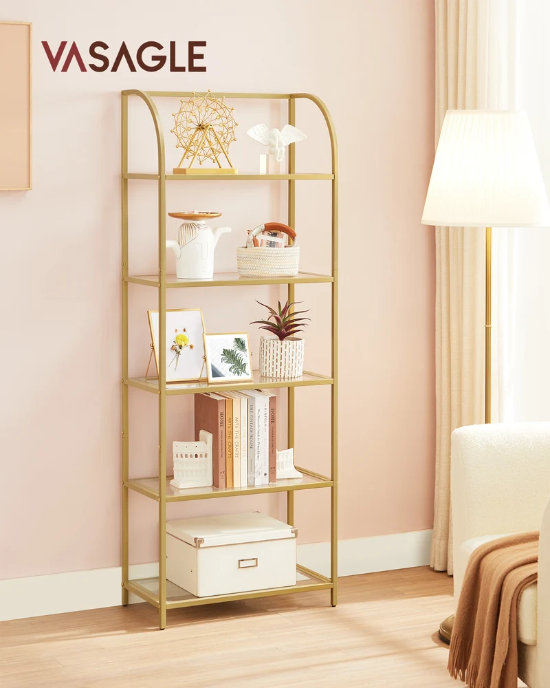 LEDREM 5-Tier Curved Design Bookshelf with Tempered Glass, Stylish Storage Solution for Home and Office, Ink Black and Transparent