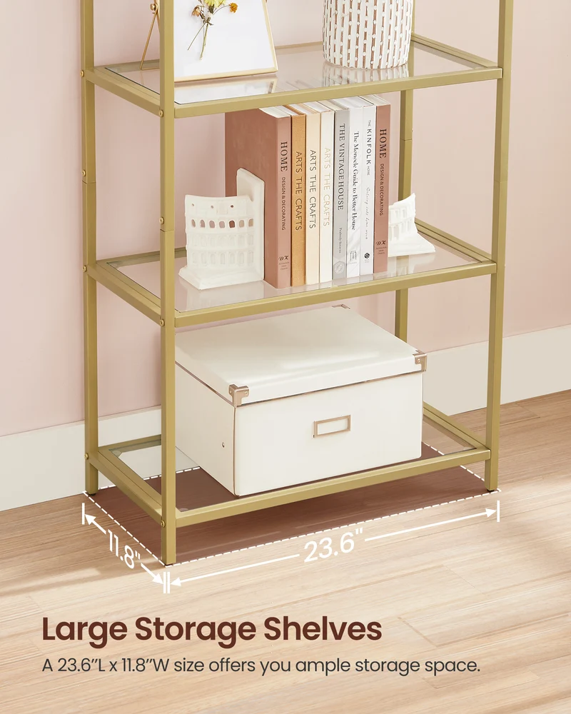 LEDREM 5-Tier Curved Design Bookshelf with Tempered Glass, Stylish Storage Solution for Home and Office, Ink Black and Transparent