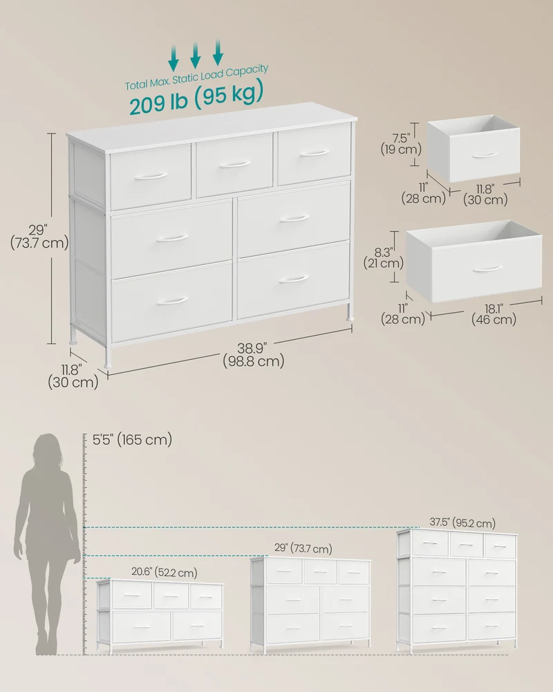 7-Drawer Fabric Dresser with Steel Frame, 88 lb Top Load Chest of Drawers, Multi-Use Storage Organizer for Bedroom Closet, White