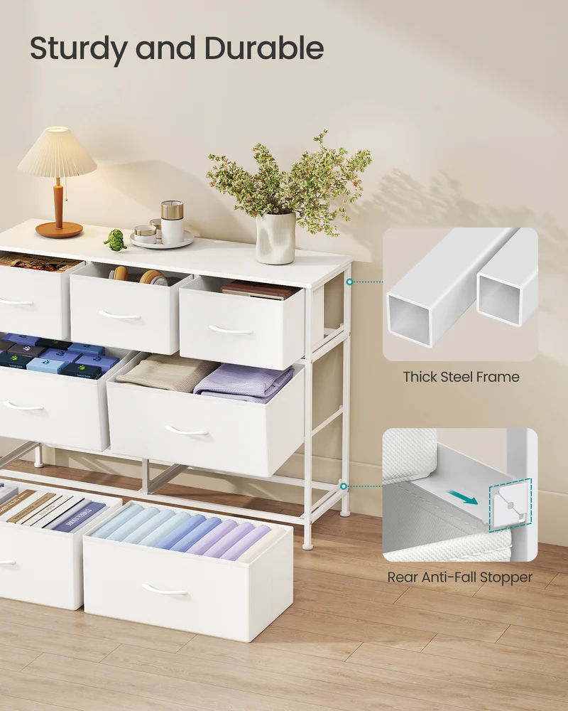 7-Drawer Fabric Dresser with Steel Frame, 88 lb Top Load Chest of Drawers, Multi-Use Storage Organizer for Bedroom Closet, White