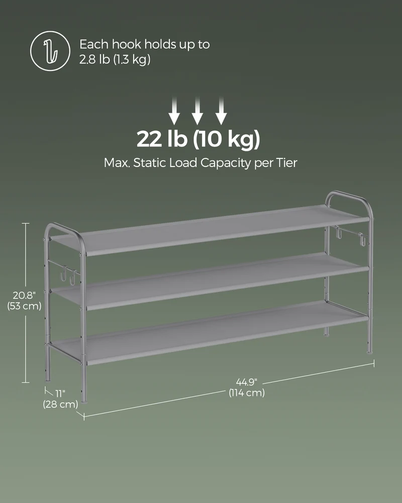 Shoe Rack, 3 Tier Shoe Organizer, Fabric Shoe Shelf Storage with 4 Hooks, Holds up to 18 Pairs of Shoes, Height-Adjustable Shoe Rack for Entryway