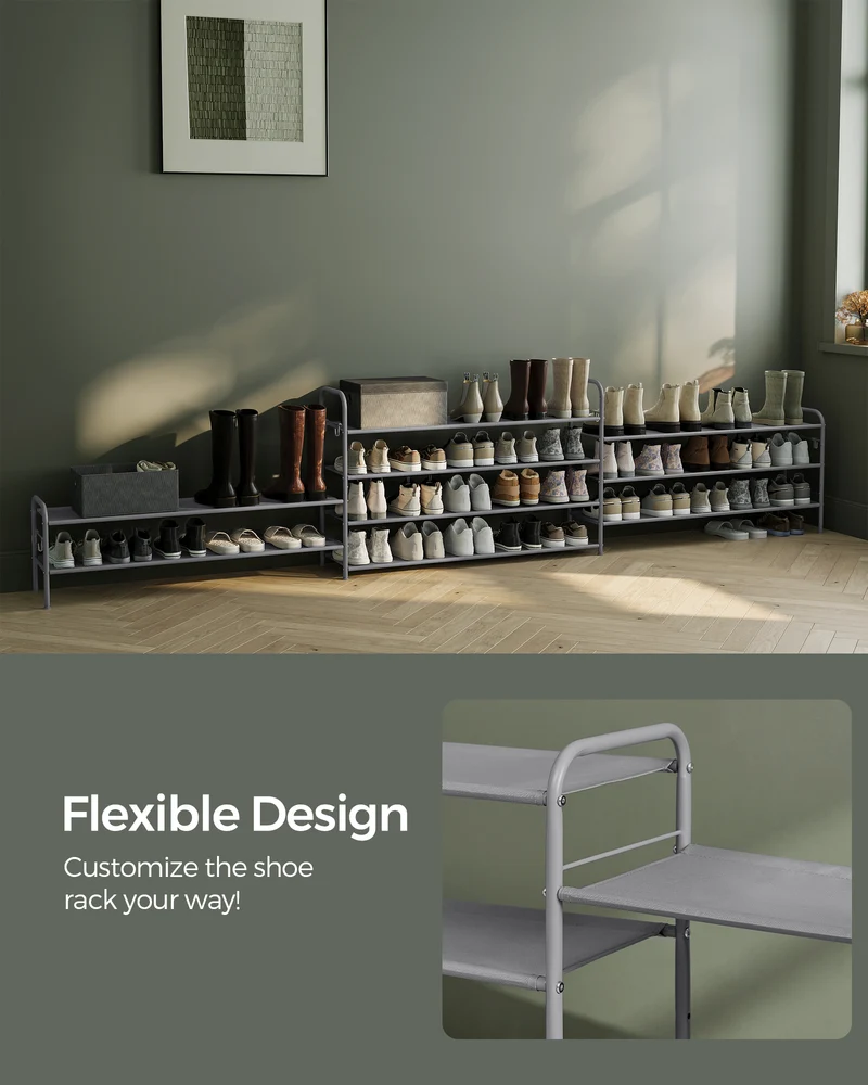 Shoe Rack, 3 Tier Shoe Organizer, Fabric Shoe Shelf Storage with 4 Hooks, Holds up to 18 Pairs of Shoes, Height-Adjustable Shoe Rack for Entryway