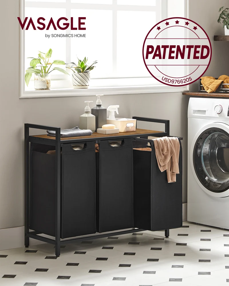 VASAGLE Laundry Hamper Laundry Basket 3 x 10 Gallons (38L) with Shelf 3 Pull-Out and Removable Bags Rustic Brown and Black
