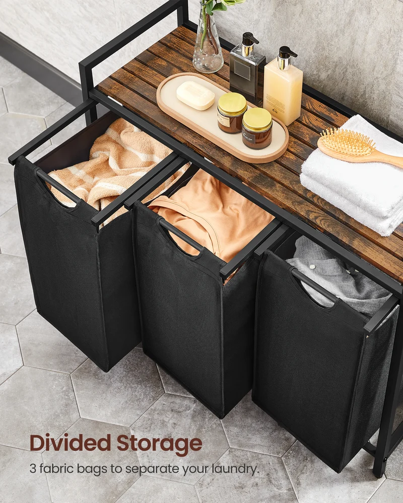VASAGLE Laundry Hamper Laundry Basket 3 x 10 Gallons (38L) with Shelf 3 Pull-Out and Removable Bags Rustic Brown and Black