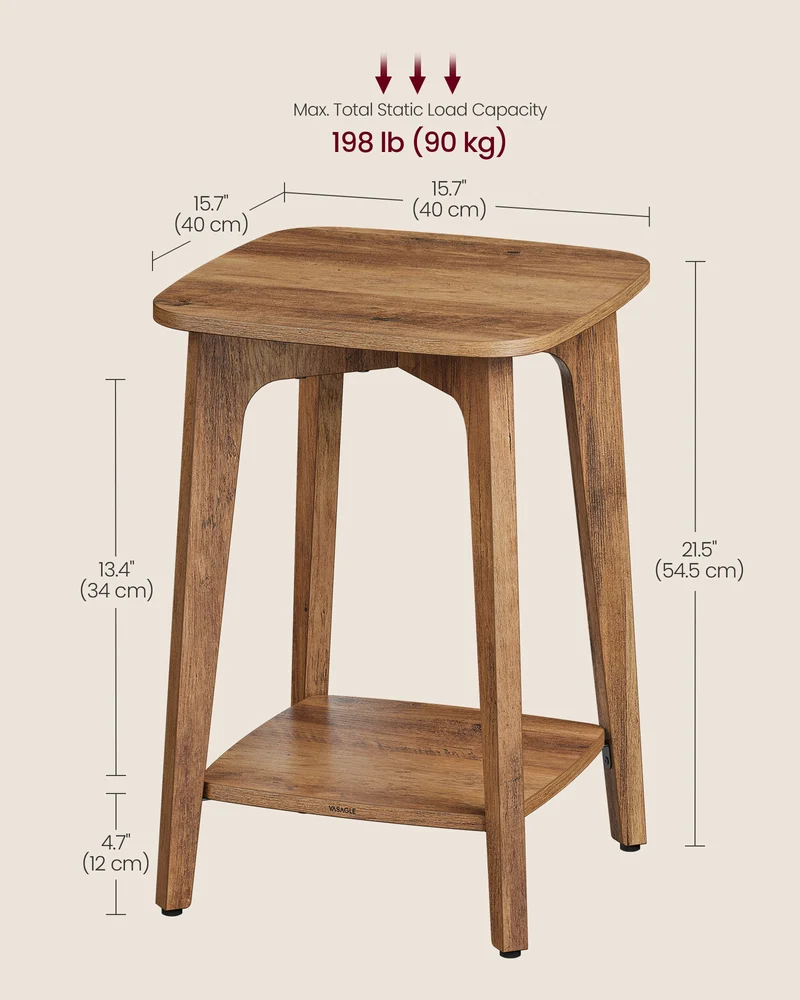 LEDREM Square End Table with Lower Shelf, Modern 2-Tier Nightstand for Small Spaces, 15.7x15.7x21.5 Inches, Honey Brown
