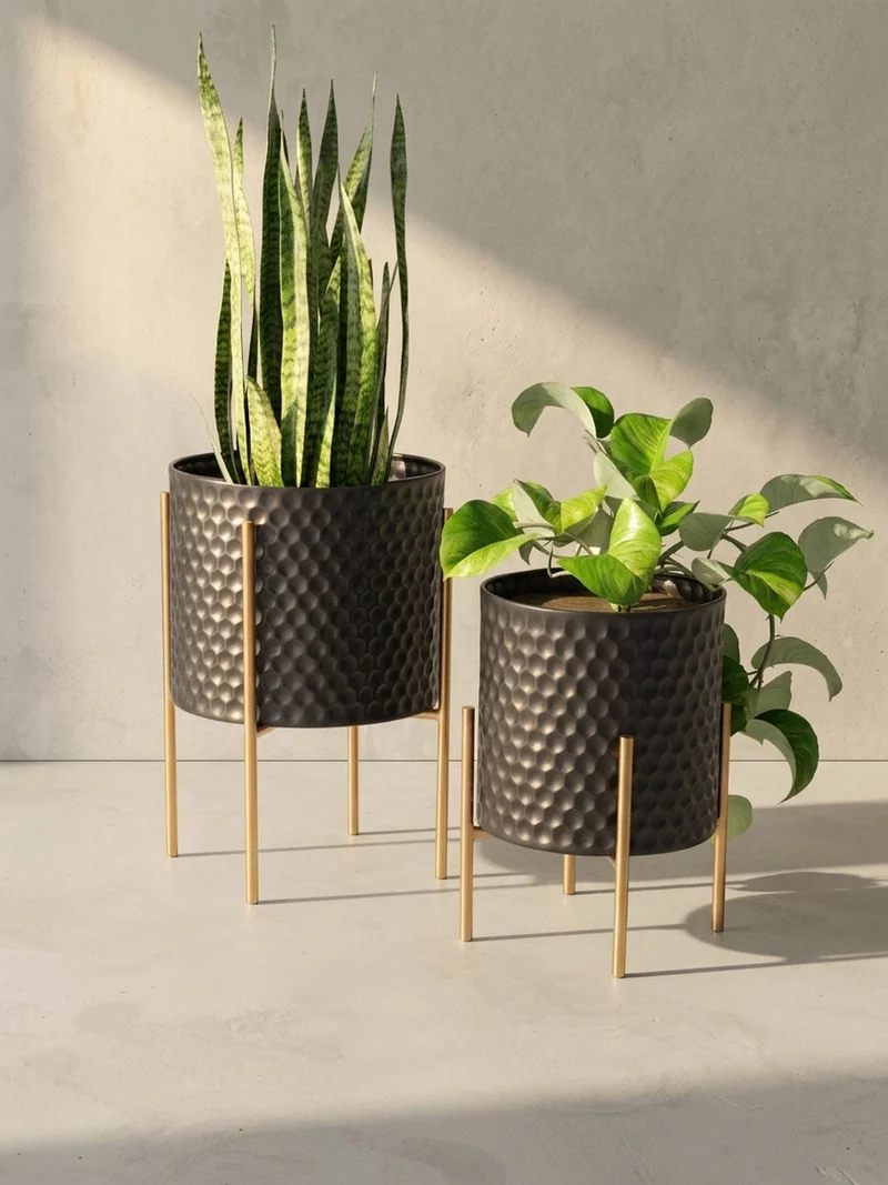 Pflanzkübel 2er Set Metall Schwarz/Gold rund elegant