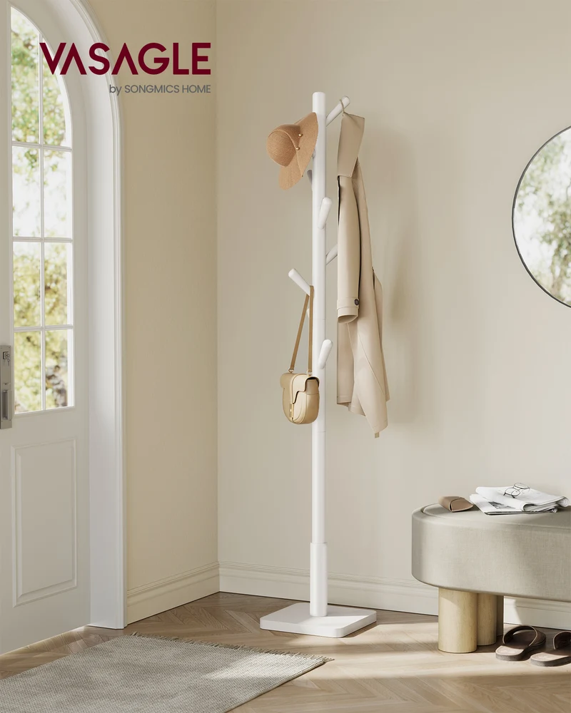 VASAGLE Solid Wood Coat Rack, Wood Hall Tree, Coat Rack Stand with 8 Hooks, Stable Square Base, 3 Height Options, Cloud White
