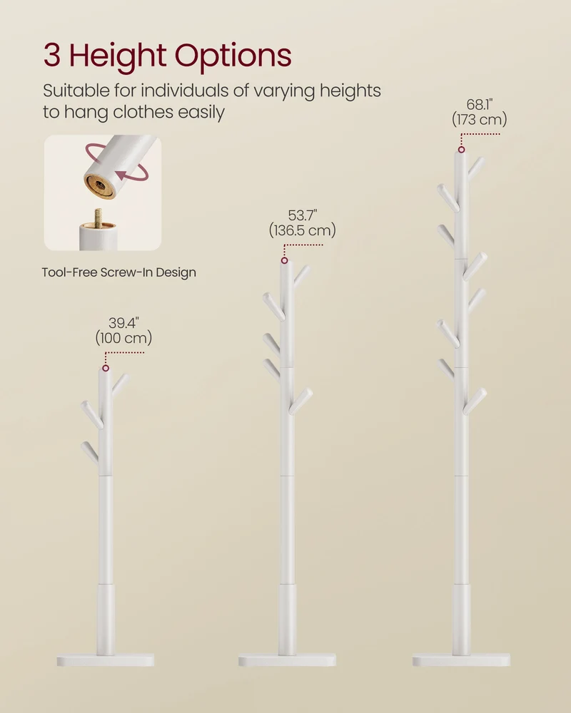 VASAGLE Solid Wood Coat Rack, Wood Hall Tree, Coat Rack Stand with 8 Hooks, Stable Square Base, 3 Height Options, Cloud White