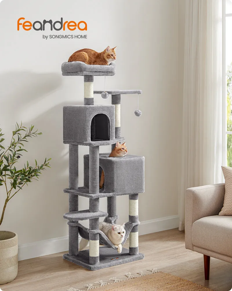 Feandrea Cat Tree, Cat Tower for Indoor Cats, Cat Condo with 5 Scratching Posts, 2 Perches, 2 Caves, Hammock, 2 Pompoms, Light Gray