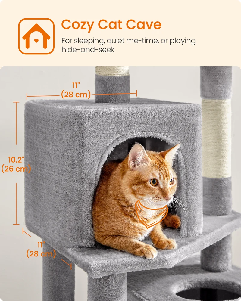 Feandrea Cat Tree, Cat Tower for Indoor Cats, Cat Condo with 5 Scratching Posts, 2 Perches, 2 Caves, Hammock, 2 Pompoms, Light Gray
