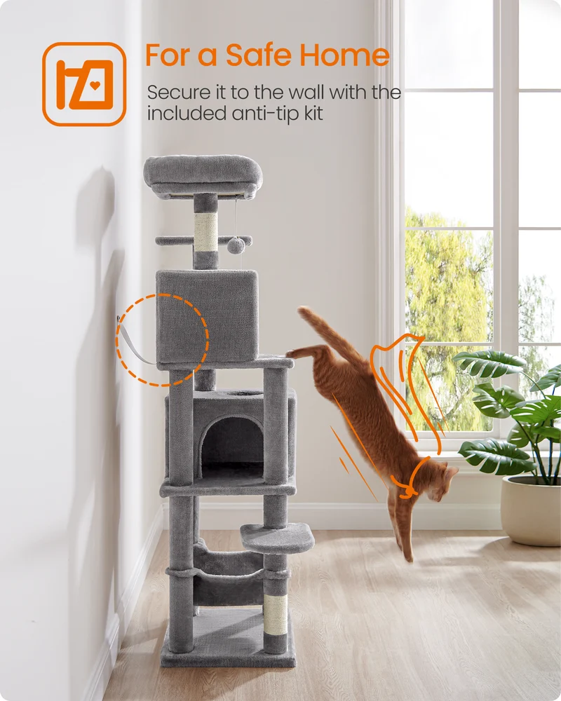 Feandrea Cat Tree, Cat Tower for Indoor Cats, Cat Condo with 5 Scratching Posts, 2 Perches, 2 Caves, Hammock, 2 Pompoms, Light Gray