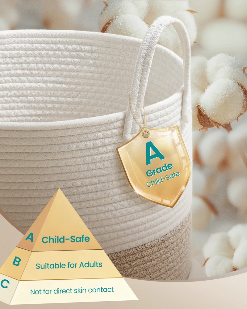 Cotton Rope Laundry Basket, 21.1 Gal Natural Fiber Hamper with Handles, for Kids' Toys Clothing Bedroom Living Room, White & Grayish Brown