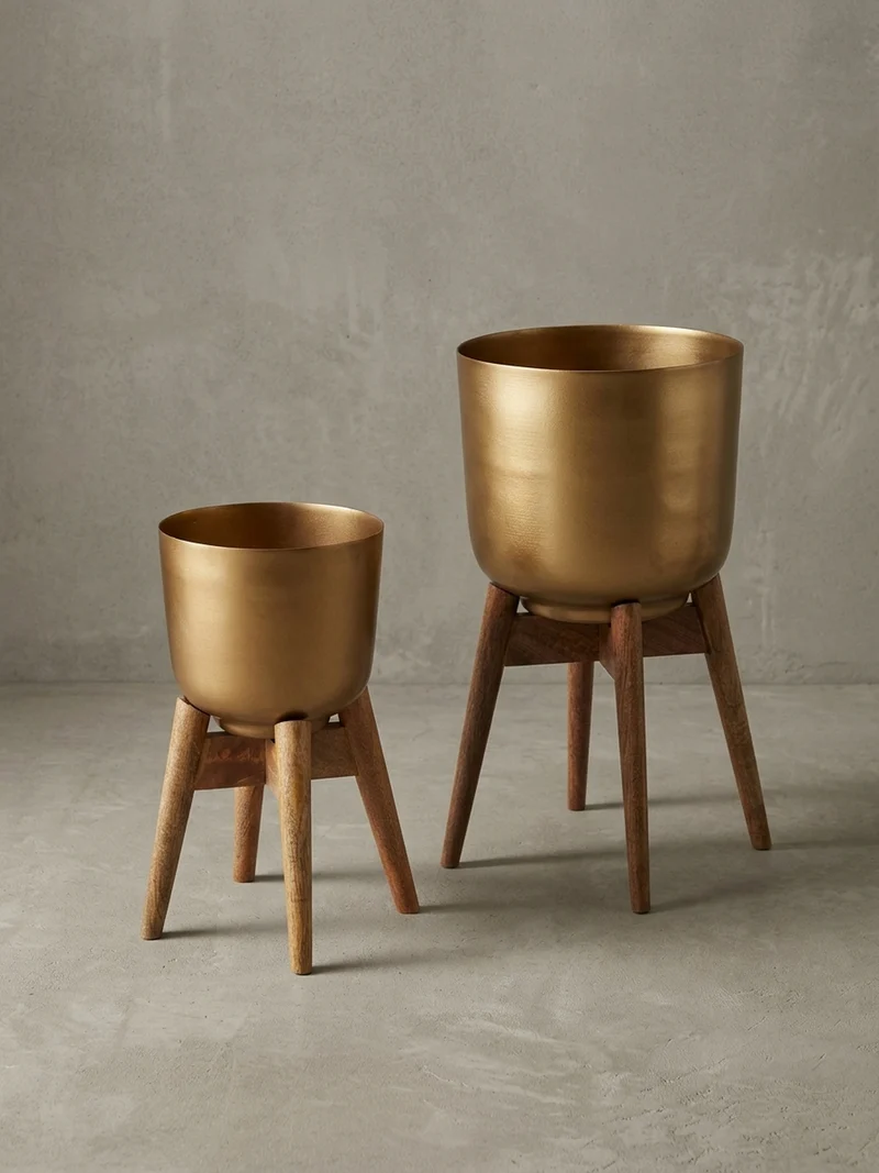 Pflanzkübel Set Alu und Holz Gold/Braun modern 2-teilig