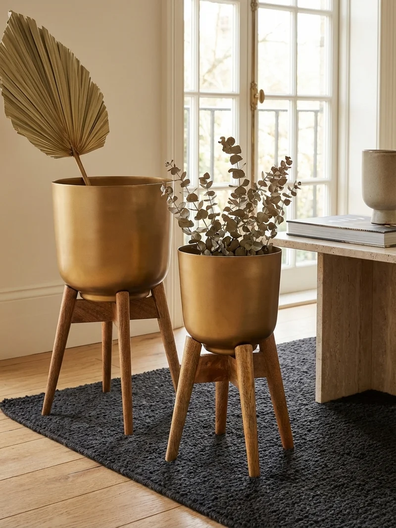 Pflanzkübel Set Alu und Holz Gold/Braun modern 2-teilig