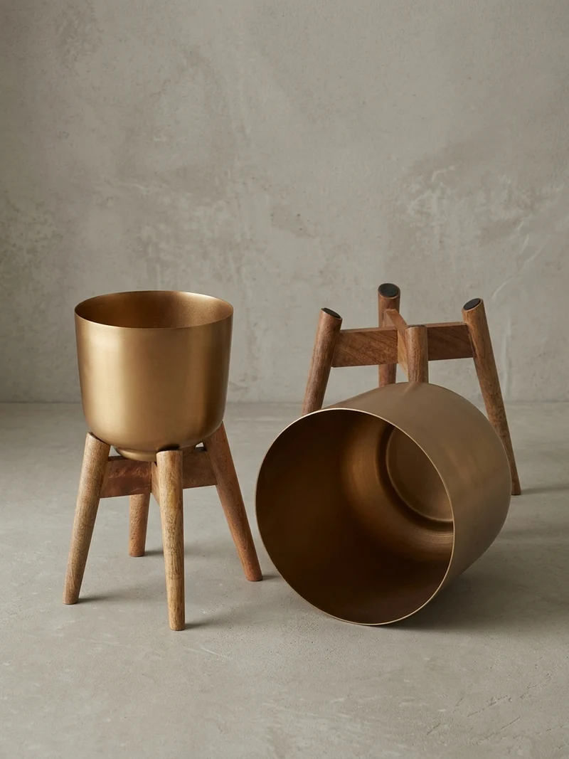 Pflanzkübel Set Alu und Holz Gold/Braun modern 2-teilig