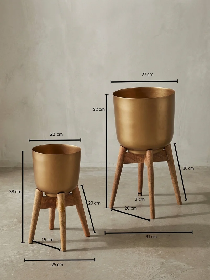 Pflanzkübel Set Alu und Holz Gold/Braun modern 2-teilig