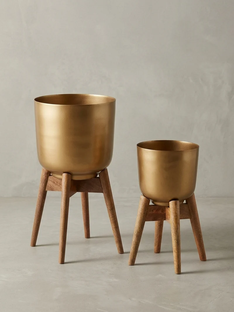 Pflanzkübel Set Alu und Holz Gold/Braun modern 2-teilig